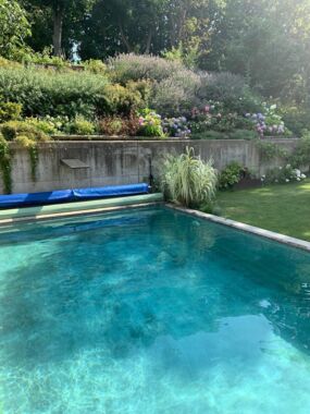 Pool aus Beton in grüer Landschaft